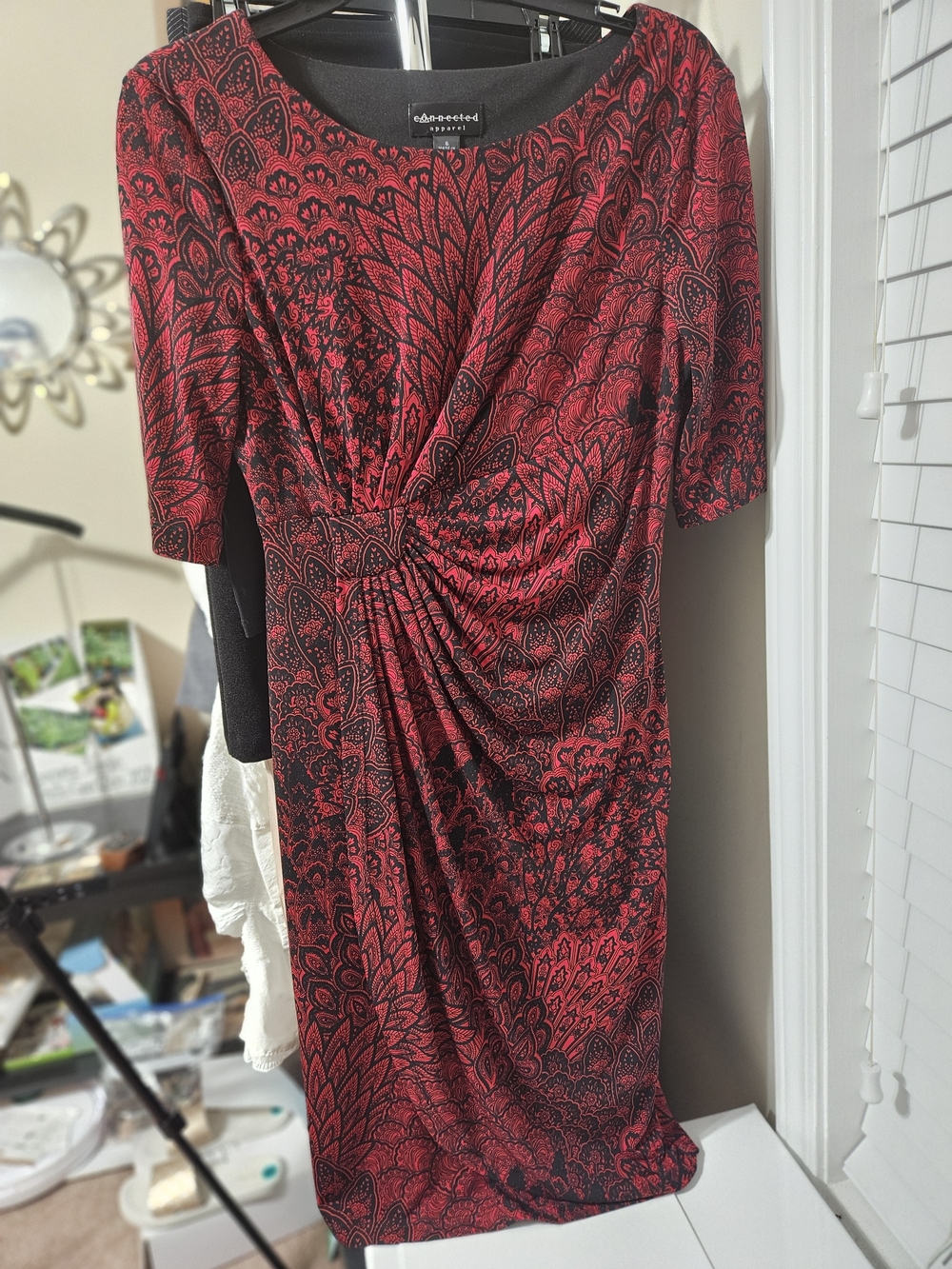 Connected Apparel Red and Black Twist-Front Tunic Dress Size 6